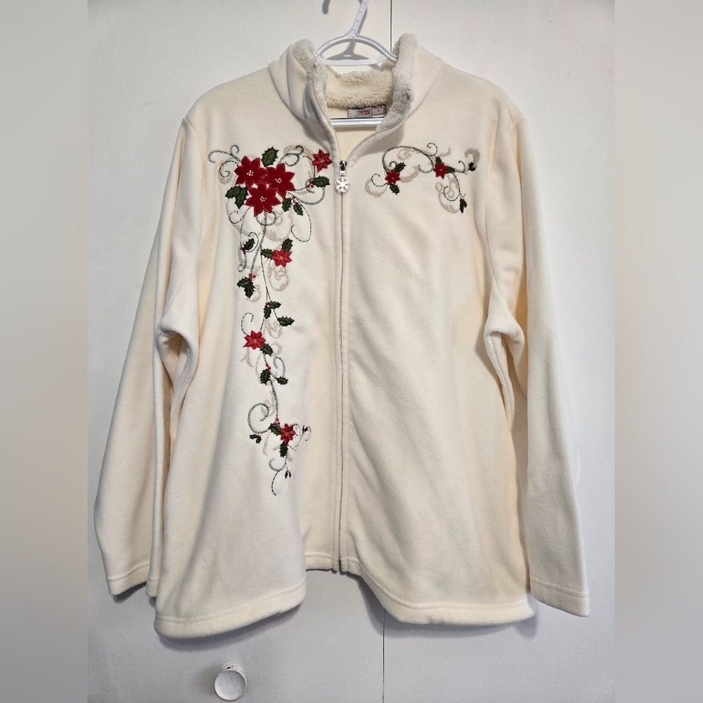 Holiday Editions Women's Cream Zip-Up Fleece Jacket with Red‎ Floral Embroidery